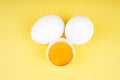 White chicken eggs and an eggshell half with yolk on a yellow background Royalty Free Stock Photo