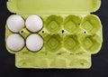 White, chicken eggs in a green tray. Close-up. Royalty Free Stock Photo