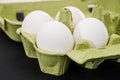 White, chicken eggs in a green tray. Close-up. Royalty Free Stock Photo