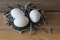 white chicken eggs in a nest made of metal products screw screws Royalty Free Stock Photo