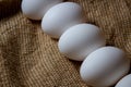 White chicken eggs. White eggs lie on sacking Royalty Free Stock Photo