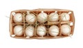 White chicken eggs in wooden container isolated Royalty Free Stock Photo