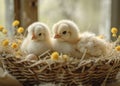 White chicken sitting in a basket of eggs. A pair of small birds sitting in a nest built with twigs and leaves Royalty Free Stock Photo