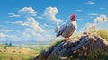 Hyperrealistic Illustration Of A Chicken On A Rocky Hill