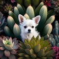 White chihuahua dog in cactus garden. 3d rendering