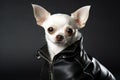 White chihuahua portrait in black leather jacket Royalty Free Stock Photo