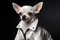 White chihuahua portrait in black leather jacket Royalty Free Stock Photo
