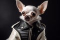 White chihuahua portrait in black leather jacket Royalty Free Stock Photo