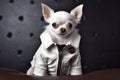 White chihuahua portrait in black leather jacket Royalty Free Stock Photo
