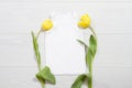 White children t-shirt mockup. Template blank kids shirt top view. White wooden background. Mother women day holiday. Yellow tulip