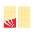 White chocolate bar icon set. Opened red wrapping paper foil. Tasty sweet dessert food. Rectangle shape Vertical piece. Modern sim