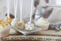 White chocolate Christmas cake pops with snowflakes and cupcakes Royalty Free Stock Photo