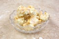 White chocolate clusters in dish