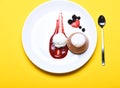 White chocolate fondant with vanilla ice cream and strawberry sauce Royalty Free Stock Photo