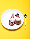 White chocolate fondant with vanilla icecream and strawberry sauce Royalty Free Stock Photo