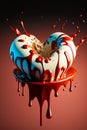 White chocolate heart. Dripping, oozing, splashing red liquid, paint, cream over it. Valentine`s day concept. Ai generative