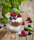 White chocolate and milk chocolate mousse with berries and meringue Royalty Free Stock Photo