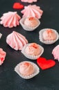 White chocolate and strawberry truffles and pink meringue kisses Royalty Free Stock Photo