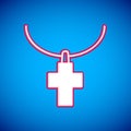 White Christian cross on chain icon isolated on blue background. Church cross. Vector Royalty Free Stock Photo