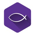 White Christian fish symbol icon isolated with long shadow. Jesus fish symbol. Purple hexagon button