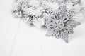 White Christmas background. Christmas fir tree branches with decoration. Copy space. Royalty Free Stock Photo