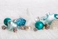 White christmas background with snow and balls in turquoise, blu Royalty Free Stock Photo