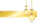 White Christmas background. Three hanging gold ball decoration with gold ribbon bow Royalty Free Stock Photo