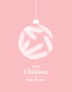 White Christmas ball with a pattern of fir branches on a pink background. Merry Christmas greeting card Royalty Free Stock Photo