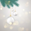 White Christmas balls hanging on New Year tree branch. Winter holiday decoration element. Vector Royalty Free Stock Photo