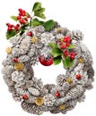 White Christmas door wreath decoration garland made of pine and fir cones with red hawthorn berrie