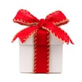 White Christmas gift box with red bow and ribbon isolated Royalty Free Stock Photo