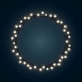 White Christmas incandescent light string wreath on the dark blue background. Vector outdoor patio lights.