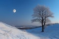 White Christmas landscape. Snowy tree on a hill with moon in the Blue sky, neural network generated image Royalty Free Stock Photo