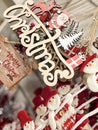 White Christmas letters against the background of Santa Claus, Rudolph the reindeer, and a company of snowmen Royalty Free Stock Photo