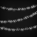 White christmas lights. Festive light decoration, winter holiday decorative realistic garland. Vector set isolated black