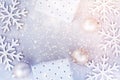 White Christmas New Year Frame Banner Background Snow Flakes Baubles Gift Boxes Colorful Confetti Glitter Lights Greeting Card Royalty Free Stock Photo