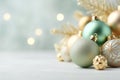 White Christmas New Years greeting card banner with golden green and silver ornament balls. Fir tree branches garland lights Royalty Free Stock Photo