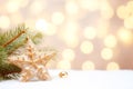 White Christmas New Years greeting card banner with star cookie ornament green fir tree branches gold garland lights in snow. Royalty Free Stock Photo