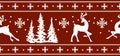 White christmas ornament on red background. Knitted seamless. Deer and Christmas trees in the form of a scarf. Seamless drawing