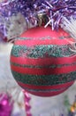 White Christmas red ball ornament with sliver glitter stipes