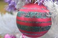 White Christmas red ball ornament with sliver glitter stipes