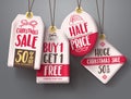 White christmas sale tags vector set hanging with red color sale and discount text Royalty Free Stock Photo