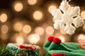 White Christmas snowflakes background defocused yellow lights. Royalty Free Stock Photo