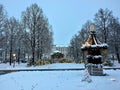 White Christmas in park by lighted nativity scene in spa town Bad Kissingen Royalty Free Stock Photo