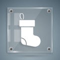 White Christmas stocking icon isolated on grey background. Merry Christmas and Happy New Year. Square glass panels. Vector Royalty Free Stock Photo