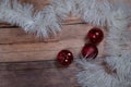white christmas Tinsel and String Lights Border on wooden Background Royalty Free Stock Photo