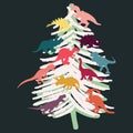 White Christmas tree with coloured dinosaurs silhouettes on black background