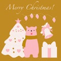 White christmas tree, cute bear and winter ellements, vector illustration