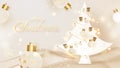 White christmas tree with luxury ball and light sparkling golden lamp with bokeh and blur elements, 3d realistic style background.