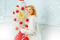 White christmas tree red balls. Christmas preparation. Merry xmas and happy new year. Home Christmas atmosphere. Winter Royalty Free Stock Photo